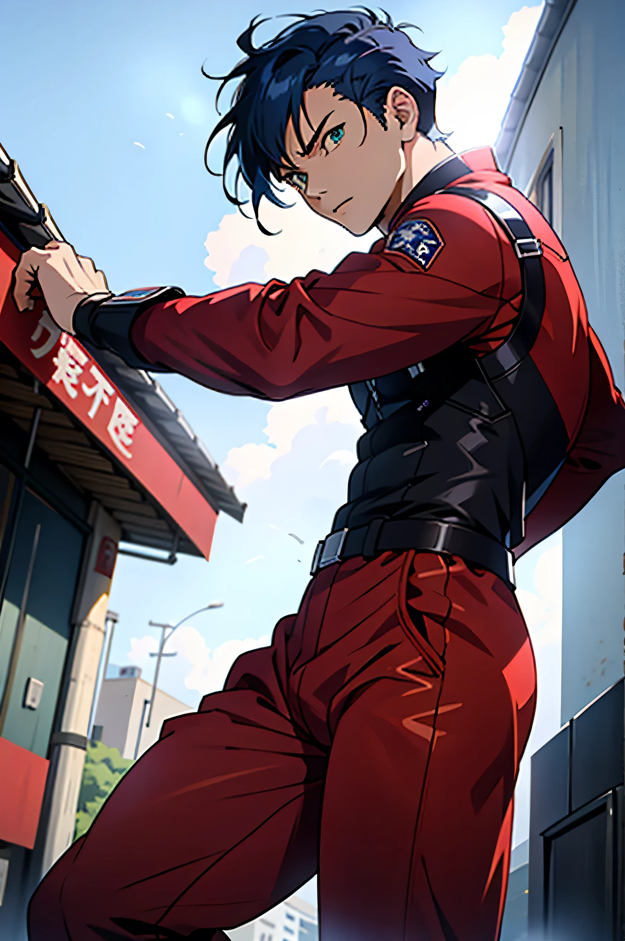 (masterpiece, highest quality, 16kAnime image quality, High resolution, Anime Style, Clean brush strokes, Very detailed, Perfect Anatomy), 1 person, alone,((Kiriko_Cuvy)), Detailed face, Blue Hair, Short Hair、Short bangs, Fine grain, Blue-green eyes, Bitter face, Cowboy Shot, Large pectoral muscles:1.6, (Red pressure suit、Kiriko's),Great abs: 1.6, Tight waist:1.6, Buttocks:1.5, Amazing muscular legs、(Red pressure suit pants、Kiriko's), Old leather boots, (Ready your gun?)、Intense action pose、Looking at the audience,background(City、one's junior、Destroyed building、Broken armored car、inflammation、cigarette)、alone,