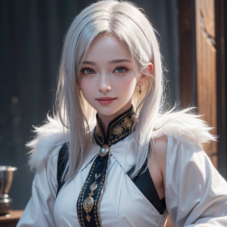 Dark ambiance,Mid century london inthe background、white wolf、 ((highest quality、masterpiece、8k、best image quality、ultra high resolution、Award-winning work)、(accurate anatomy:1.1)、(look at me and smile:1.1)、Shining fair skin with ultra high resolution、most detailed face、ultra high resolution detailed face、white short hair flowing 、Beautiful face drawn in every detail、(blurred background:1.1)、traditional Georgia man costume, tiny breast, real wolf beside the girl 