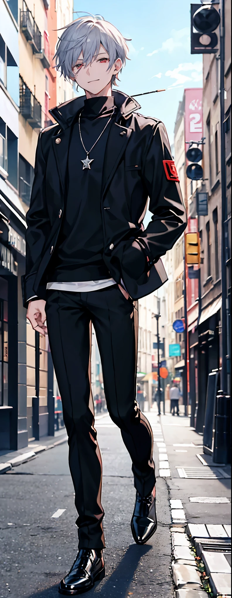 High resolution, high resolution,2D Anime Style,,Cool guy,Mature look,,20th Generation,Short Hair,Silver Hair,Red eyes,Beautiful watch,Beautiful earrings,Beautiful necklace,Dark Street Fashion,Black jacket,Long pants,Black boots,He is smiling a little,night,walking,Put your hands in your pockets,Smoking a cigarette,Holding a cigarette