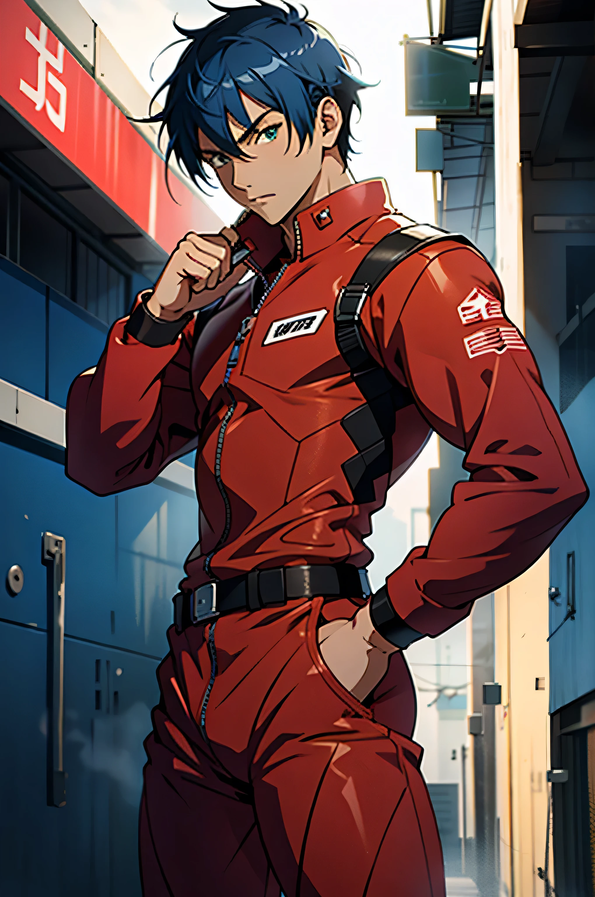 (masterpiece, highest quality, 16ｋAnime image quality, High resolution, Anime Style, Clean brush strokes, Very detailed, Perfect ???????), 1 person, alone,((Kiriko_Cuvy)), Detailed face, Blue Hair, Short Hair、Short bangs, Fine grain, Blue-green eyes, Bitter face, Cowboy Shot, Large pectoral muscles:1.6, (Red pressure suit、Kiriko&#39;s),Great abs: 1.6, Tight waist:1.6, Buttocks:1.5, Amazing muscular legs、(Red pressure suit pants、Kiriko&#39;s), Old leather boots, (Ready your gun?)、Intense action pose、Looking at the audience,background(City、one&#39;s junior、Destroyed building、Broken armored car、inflammation、cigarette)、alone, 