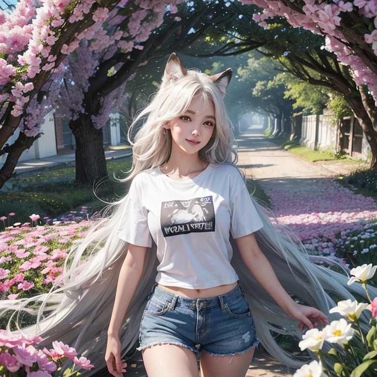 Walking in a flower tunnel, Tunel of giant colorful flowers, windy weather, white wolf、 ((highest quality、masterpiece、8k、best image quality、ultra high resolution、Award-winning work)、(accurate anatomy:1.1)、(look at me and smile:1.1)、Shining fair skin with ultra high resolution、most detailed face、ultra high resolution detailed face、white short hair flowing 、Beautiful face drawn in every details,T shirt and shorts, modest breast , real wolf beside the girl 