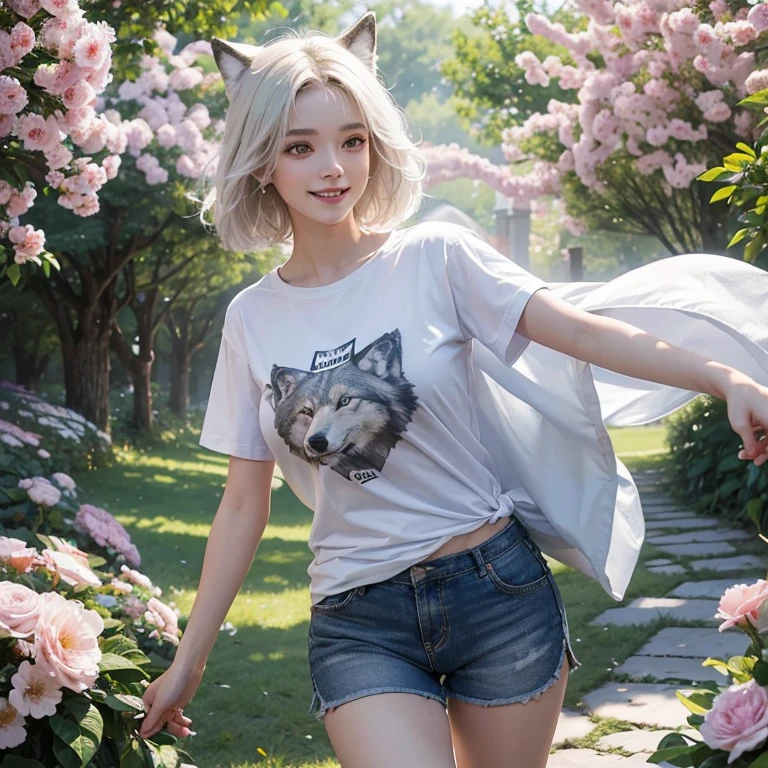 Walking in a flower tunnel, Tunel of giant colorful flowers, windy weather, white wolf、 ((highest quality、masterpiece、8k、best image quality、ultra high resolution、Award-winning work)、(accurate ???????:1.1)、(look at me and smile:1.1)、Shining fair skin with ultra high resolution、most detailed face、ultra high resolution detailed face、white short hair flowing 、Beautiful face drawn in every details,T shirt and shorts, modest breast , real wolf beside the girl 