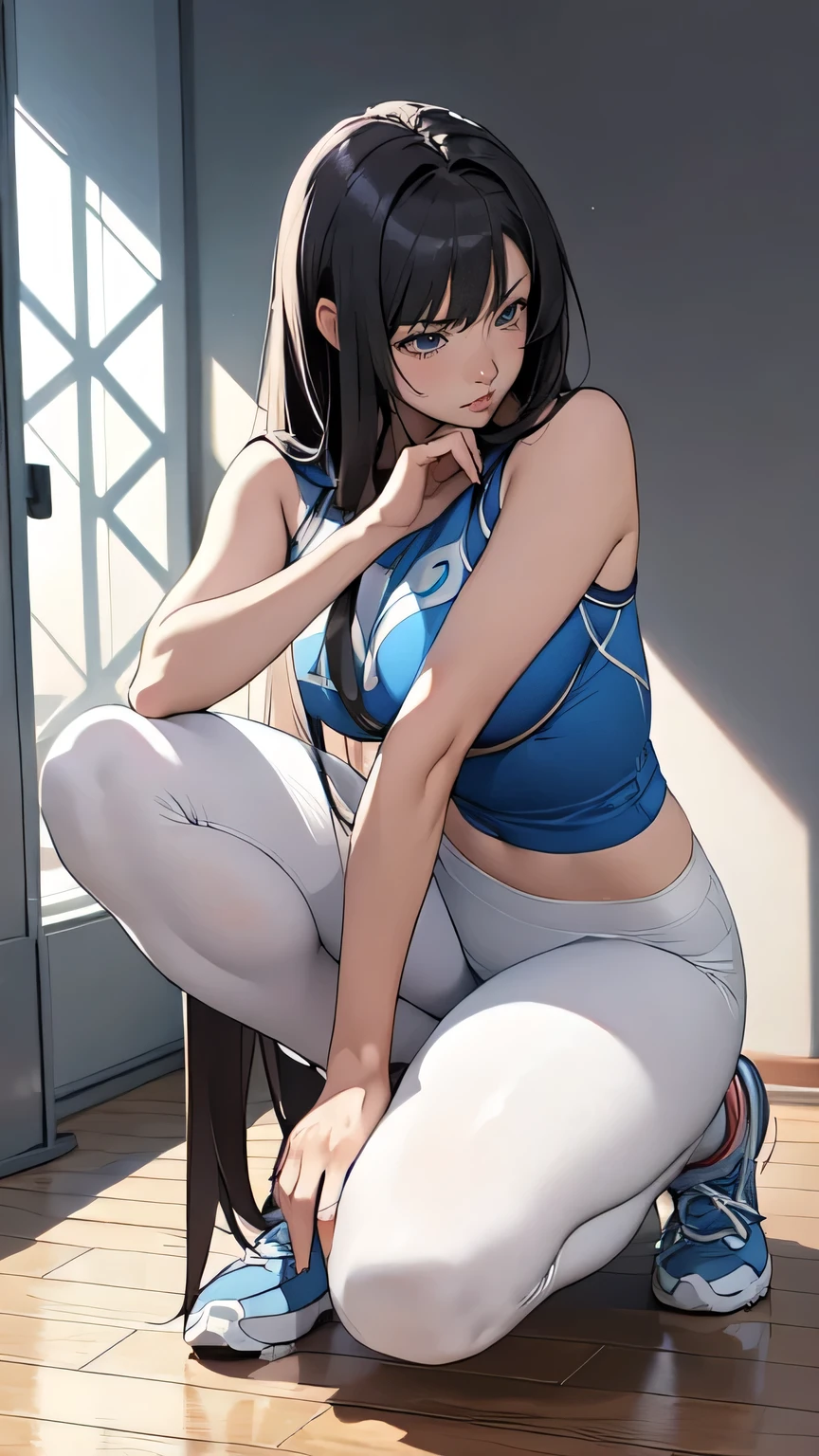 Anime girl in black and white clothes squatting on the floor, Beautiful Anime girl crouching, Enchanting anime girl, Chun-Li at the gym, Anime girl crouching, Ultra HD Anime Wallpaper, 4k anime wallpaper, Anime Style 4k, Healthy girl, anime wallpaper 4k, anime wallpaper 4k, 4K Manga Wallpapers