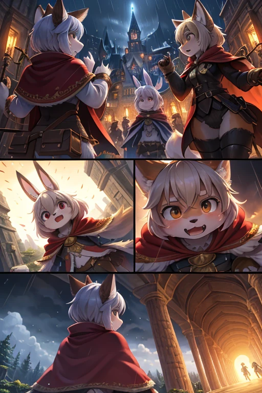 The various events that occur during the journey form the story of the film. As the film is traveling , High-definition , Ultra-high definition characters , Two Cuts , one cuts , various view , happening scene , dynamic move , 1 hairy Short stature fox girl with Townspeople , (realistic hairy bunny fur) , round face , (tilt face:1.2) , (half-open eyes) , Swollen cheeks , glossy lips , (Looking away , Look around:1.2) ,  (wearing fantastic wear and Cape) , travel bag , Walking around the fantasy world , dynamic angle , action move , Joy, anger, sorrow, and happiness , sunny , rainy , night and day , Spring, Summer, Autumn, Winter , Introduction, development, twist and conclusion , Labyrinth Exploration