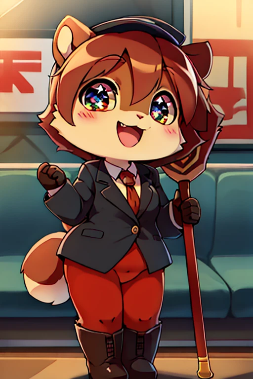 boy, squirrel, furry, bodyfur, blazer, bottomless, color tights, gloves, boots, chibi, happy, sparkling eyes, train, station staff