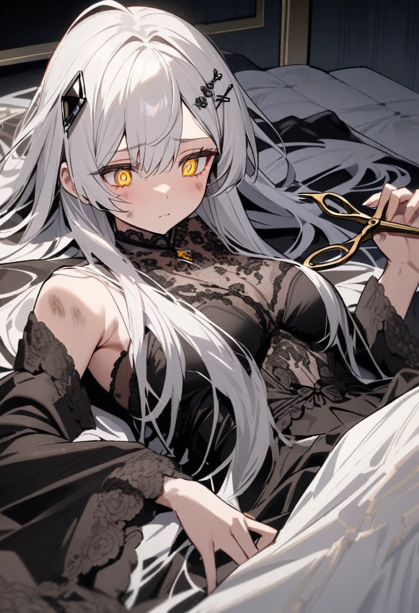 A woman, flowing white hair, melancholy eyes, yellow pupils, black diamond-shaped hairpin, A woman is destroying a luxurious silk bed with scissors in a dirty way,