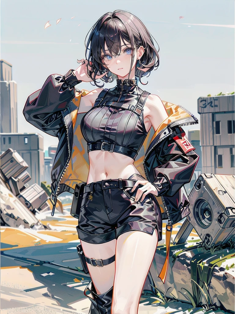 whole body, gunman attire, post apocalyptic desert city, absurdres, RAW photo, extremely delicate and beautiful, masterpiece, Best Quality, ultra high resolution, 32k, hyperrealistic, ultra-detailed, detailed description, pale skin, 20 years old, detailed beautiful face and eyes, tearful mole, earring, Colossal tits, short medium hair, wavy hair, midriff, shorts,