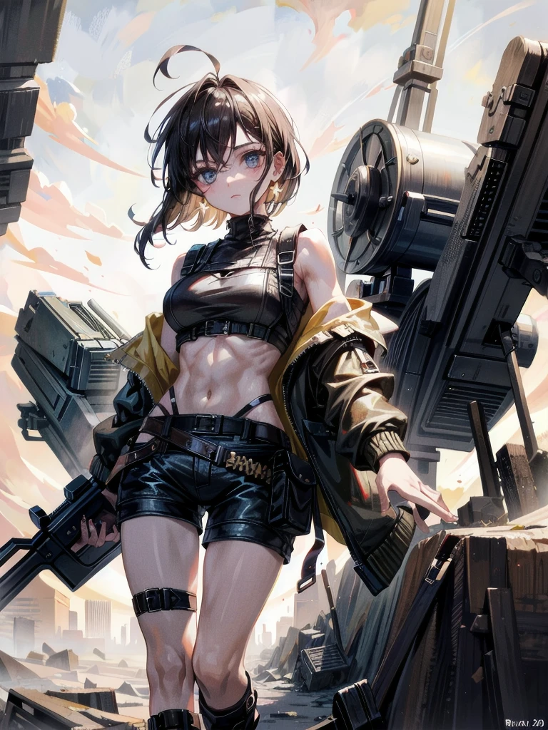 whole body, gunman attire, post apocalyptic desert city, absurdres, RAW photo, extremely delicate and beautiful, masterpiece, Best Quality, ultra high resolution, 32k, hyperrealistic, ultra-detailed, detailed description, pale skin, 20 years old, detailed beautiful face and eyes, tearful mole, earring, Colossal tits, short medium hair, wavy hair, midriff, shorts,
