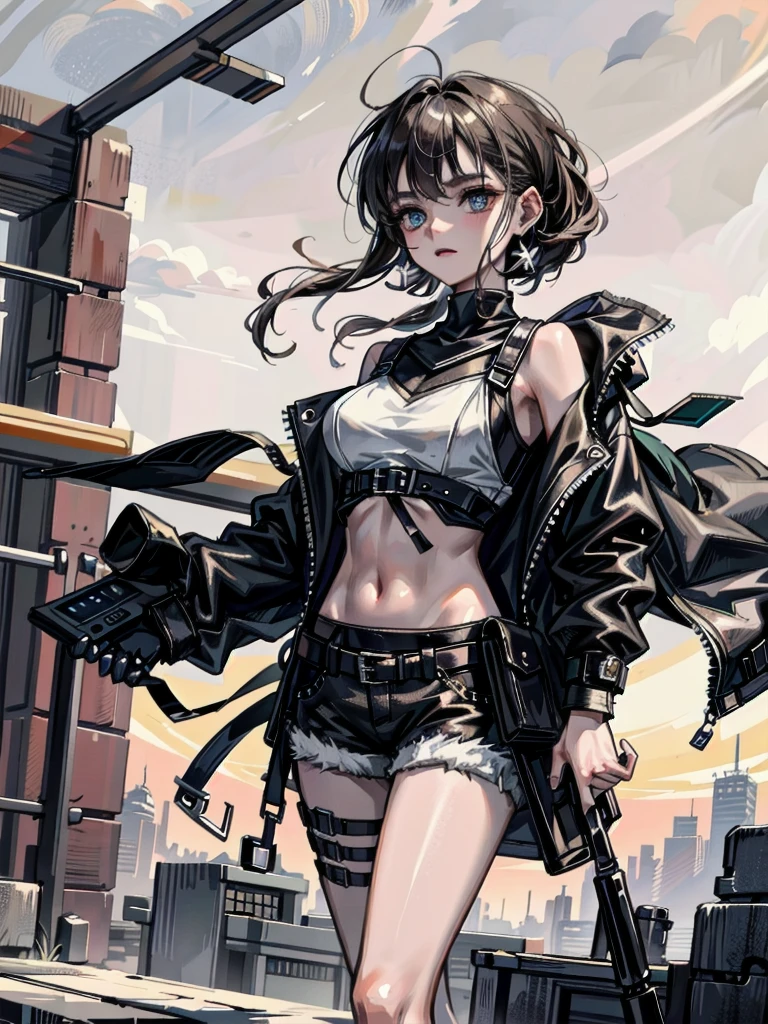 whole body, gunman attire, post apocalyptic desert city, absurdres, RAW photo, extremely delicate and beautiful, masterpiece, Best Quality, ultra high resolution, 32k, hyperrealistic, ultra-detailed, detailed description, pale skin, 20 years old, detailed beautiful face and eyes, tearful mole, earring, Colossal tits, short medium hair, wavy hair, midriff, shorts,