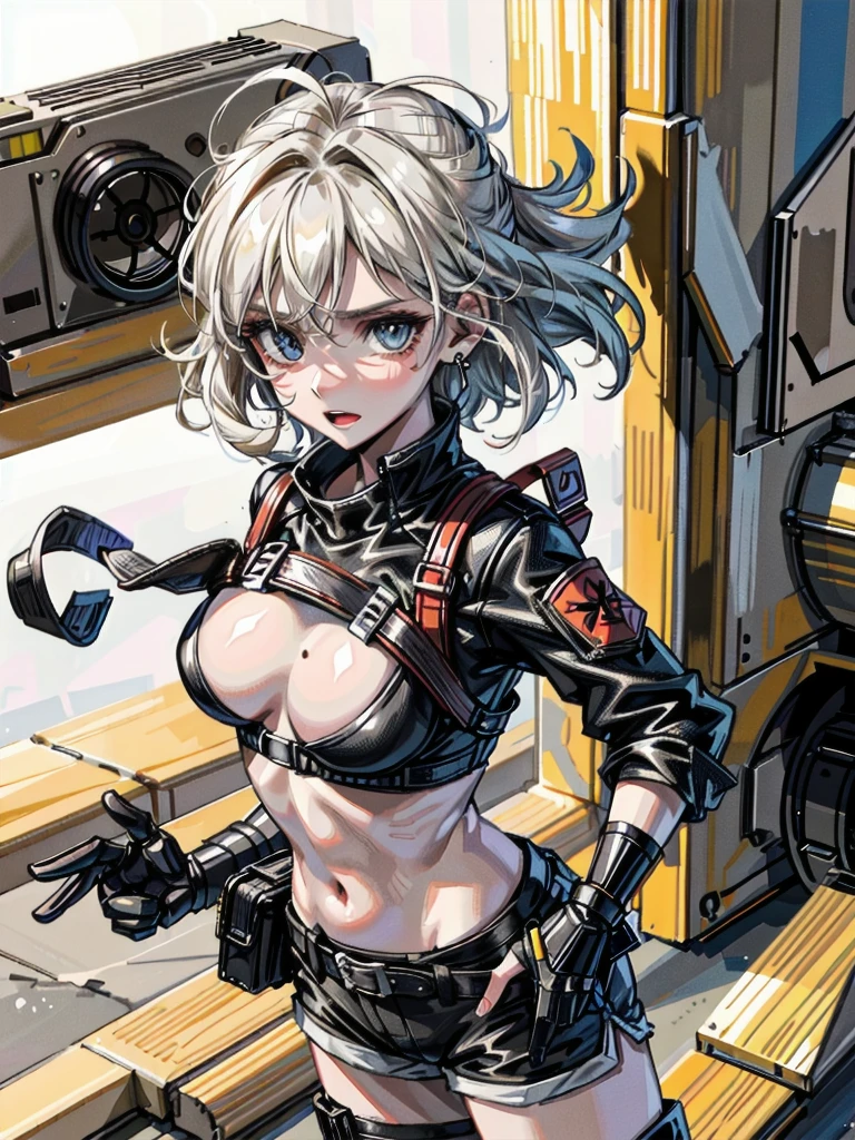 whole body, gunman attire, post apocalyptic desert city, absurdres, RAW photo, extremely delicate and beautiful, masterpiece, Best Quality, ultra high resolution, 32k, hyperrealistic, ultra-detailed, detailed description, pale skin, 20 years old, detailed beautiful face and eyes, tearful mole, earring, Colossal tits, short medium hair, wavy hair, midriff, shorts,