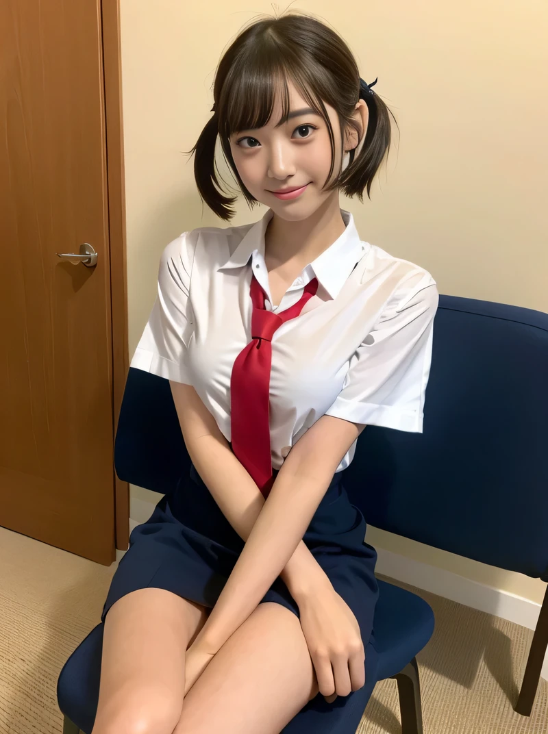 (highest quality、8k、32k、masterpiece、Hmph:1.2)、sexy、、Cute Japanese Women Photos、Twin tails、thin、slender、(Bobcut)、(Small Tits)、double eyelid、 Red open front shirt、Navy blue tie、You can see her underwear faintly、Red mini skirt、Thighs、Light blue wall、whole body、smile、sexy、Sitting in a chair、Thighs are visible
