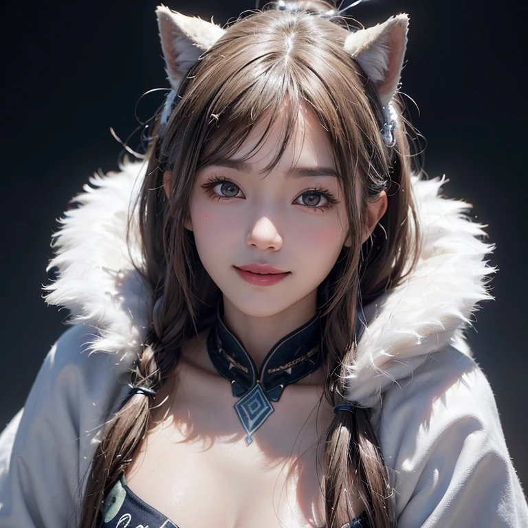 snow mountain、 ((highest quality、masterpiece、8k、best image quality、ultra high resolution、Award-winning work)、(accurate anatomy:1.1)、(look at me and smile:1.1)、Shining fair skin with ultra high resolution、most detailed face、ultra high resolution detailed face、white short hair blowing 、(ultra high resolutionの煌めく瞳:1.1)、Beautiful face drawn in every detail、(blurred background:1.1)、warm Inuit clothing, tattoo, real wolfs beside