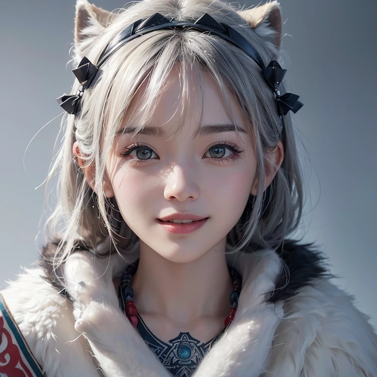 snow mountain、 ((highest quality、masterpiece、8k、best image quality、ultra high resolution、Award-winning work)、(accurate anatomy:1.1)、(look at me and smile:1.1)、Shining fair skin with ultra high resolution、most detailed face、ultra high resolution detailed face、white short hair blowing 、(ultra high resolutionの煌めく瞳:1.1)、Beautiful face drawn in every detail、(blurred background:1.1)、warm Inuit clothing, tattoo, real wolfs beside