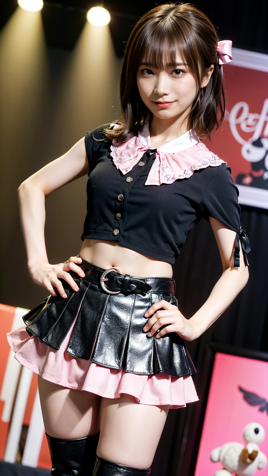 (8k、RAW Photos、highest quality、masterpiece:1.2)、(Realistic、Realistic)、1 girl、((Belly button、smile、Ribbon on chest、Pink and black miniskirt、boots、Large Breasts、Semi-long hair、View from the front、stage、Spotlight、Standing with hands on hips))、Lots of eyelashes、Glowing eyelids、skeletally correct