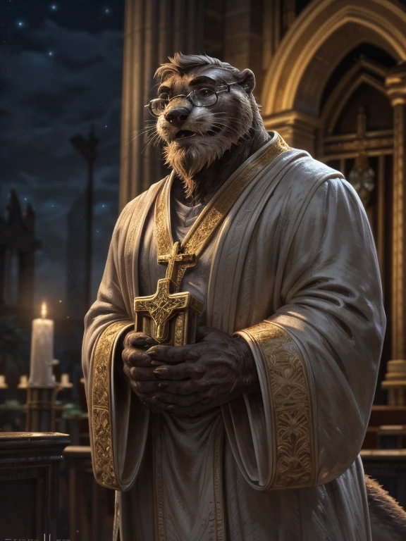 otters,uncle,male,Mature man,Lean,Bearded,Place your hands at your sides,Gold frame glasses,White priest robe with gold trim,night,church(Detailed background:1.2),High Detail, Film Photography, original video, actual, Analog style, best quality, ultra actual, 8k, (By Fiddler Tarrant),