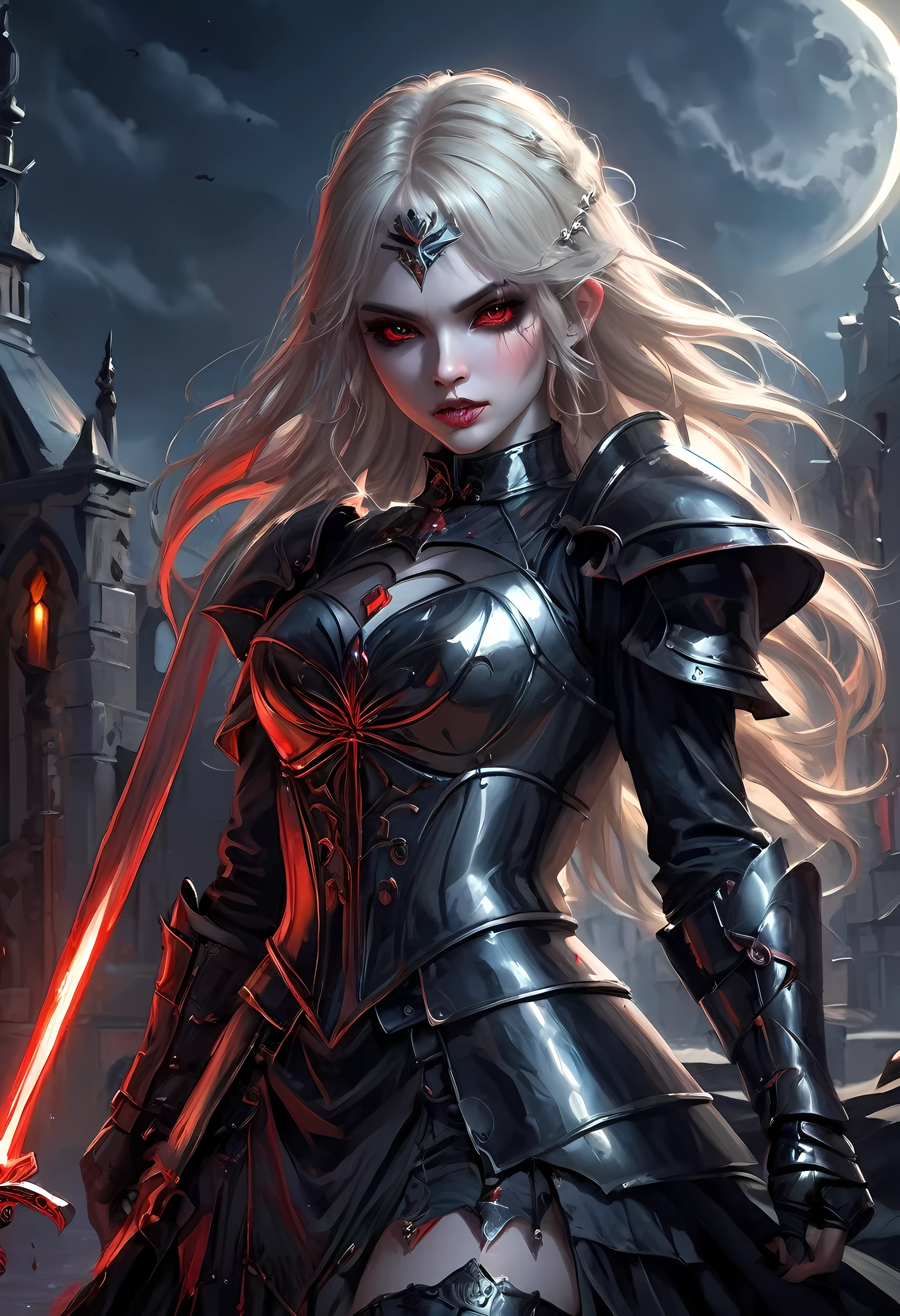 Arafed, dark fantasy art, gothic art, a picturק of a vampire ready for battle, female vampire, armed with a sword, wearing heavy armor , armed with a sword, shining sword, ultra detailed face (intricate detailed, Masterpiece, best quality: 1.4), pale skin, glowing eyes, red eyes, ultra feminine, pale skin, dynamic hair, dark fantasy urban street (intricate detailed, Masterpiece, best quality: 1.4), moon light, star light, clouds, armored_dress