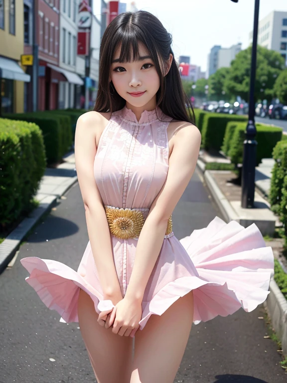 (Best quality, 8k, 32k, Masterpiece, UHD:1.2),Photo of Pretty Japanese woman,(sad smile,blush:1.1),looking at viewer,(beautiful detailed dress skirt:1.2),detailed legs,(spread legs:0.9),(lace panties:0.9),(wind lift:1.6), full body,windy,city,outdoors