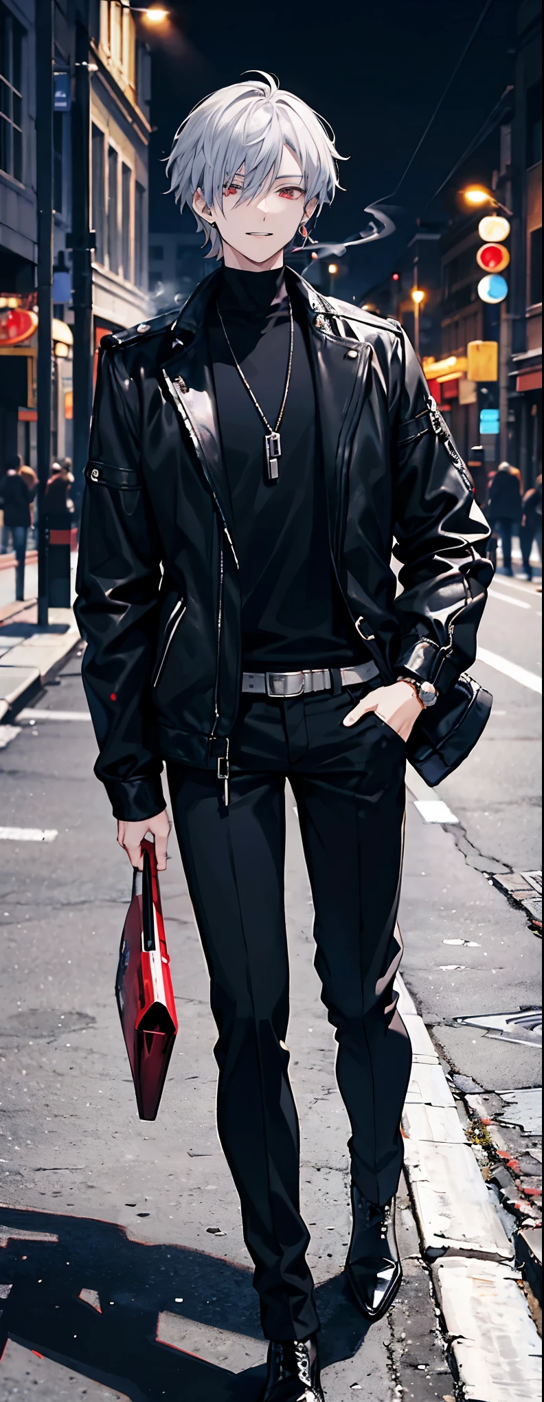 High resolution, high resolution,2D Anime Style,,Cool guy,Mature look,,20th Generation,Short Hair,Silver Hair,Red eyes,Beautiful watch,Beautiful earrings,Beautiful necklace,Dark Street Fashion,Black jacket,Black high neck,Long pants,Black boots,He is smiling a little,night,walking,Put your hands in your pockets,Smoking a cigarette,Holding a cigarette