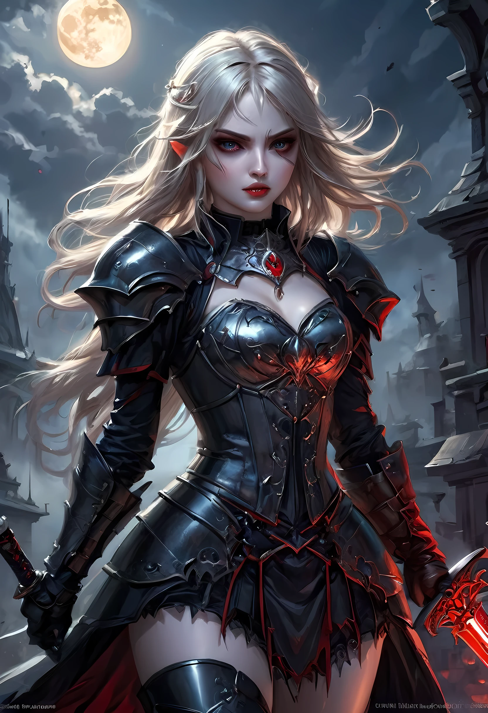 Arafed, dark fantasy art, gothic art, a picturק of a vampire ready for battle, female vampire, armed with a sword, wearing heavy armor , armed with a sword, shining sword, ultra detailed face (intricate detailed, Masterpiece, best quality: 1.4), pale skin, glowing eyes, red eyes, ultra feminine, pale skin, dynamic hair, dark fantasy urban street (intricate detailed, Masterpiece, best quality: 1.4), moon light, star light, clouds, armored_dress