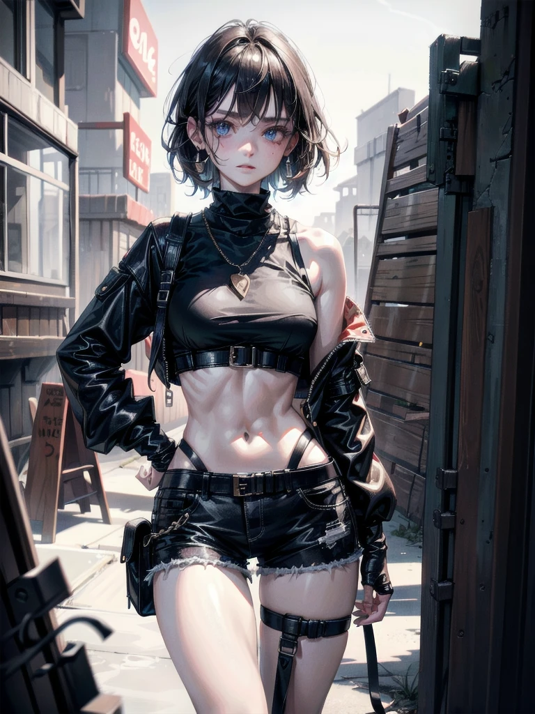whole body, gunman attire, post apocalyptic desert city, absurdres, RAW photo, extremely delicate and beautiful, masterpiece, Best Quality, ultra high resolution, 32k, hyperrealistic, ultra-detailed, detailed description, pale skin, 20 years old, detailed beautiful face and eyes, tearful mole, earring, Colossal tits, short medium hair, wavy hair, midriff, shorts,