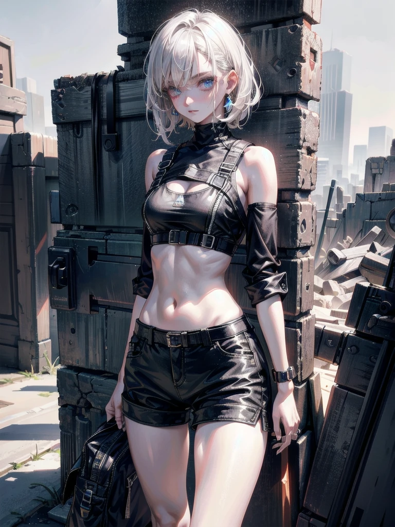 whole body, gunman attire, post apocalyptic desert city, absurdres, RAW photo, extremely delicate and beautiful, masterpiece, Best Quality, ultra high resolution, 32k, hyperrealistic, ultra-detailed, detailed description, pale skin, 20 years old, detailed beautiful face and eyes, tearful mole, earring, Colossal tits, short medium hair, wavy hair, midriff, shorts,