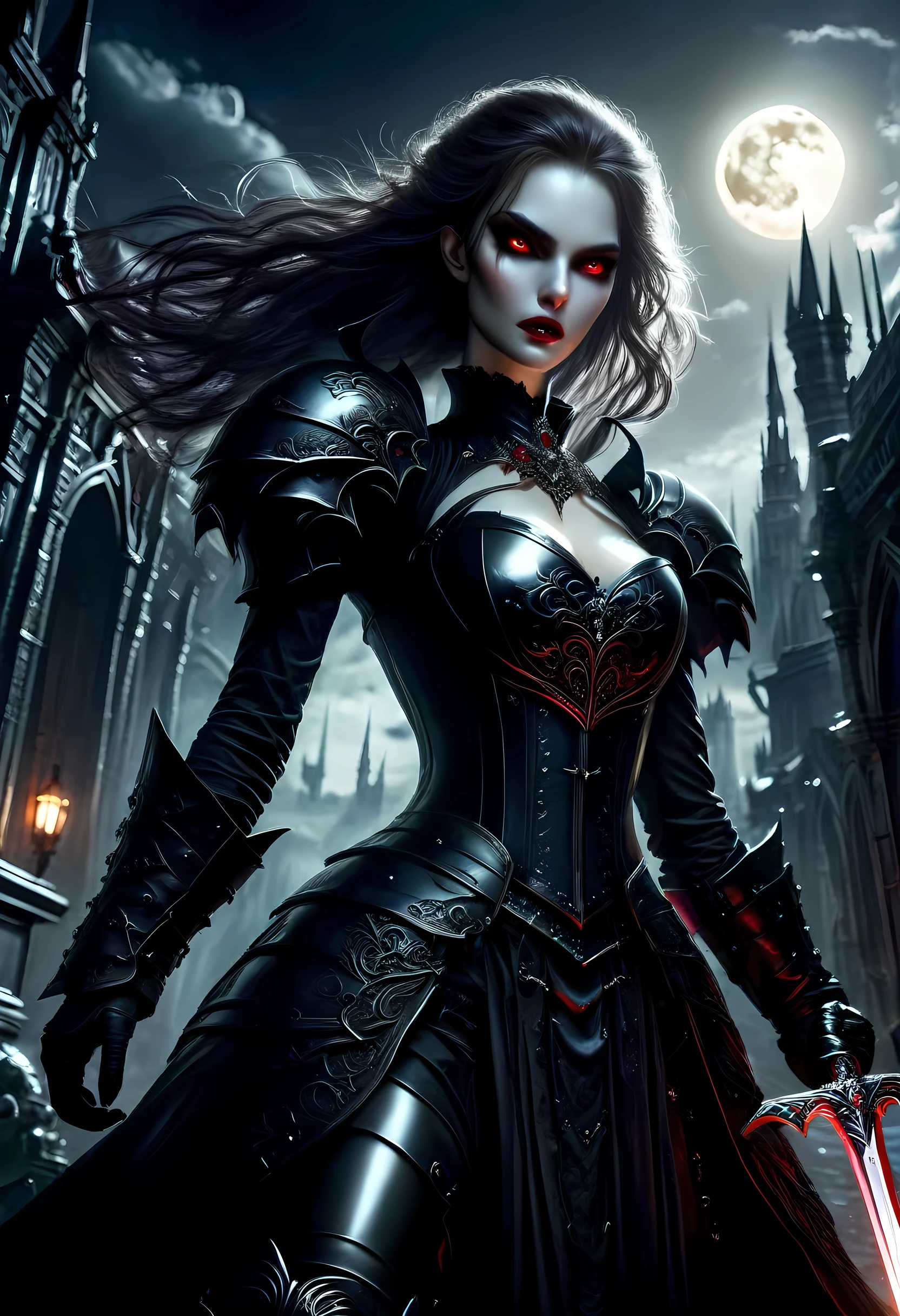 Arafed, dark fantasy art, gothic art, a picturק of a vampire ready for battle, female vampire, armed with a sword, wearing heavy armor , armed with a sword, shining sword, ultra detailed face (intricate detailed, Masterpiece, best quality: 1.4), pale skin, glowing eyes, red eyes, ultra feminine, pale skin, dynamic hair, dark fantasy urban street (intricate detailed, Masterpiece, best quality: 1.4), moon light, star light, clouds, armored_dress