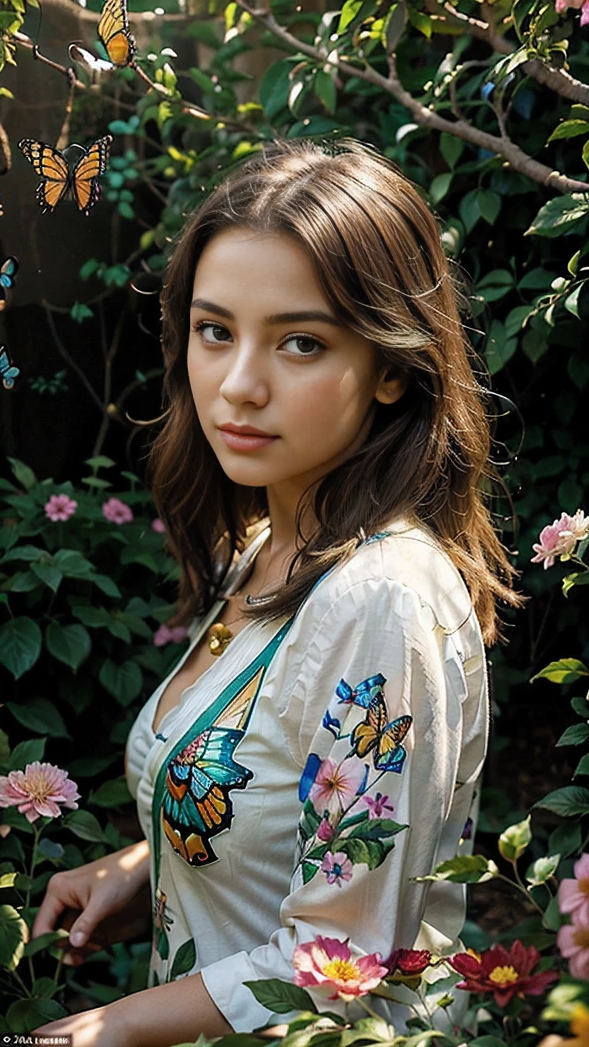 A girl in a flower garden, surrounded by colorful butterflies. The girl has beautiful detailed eyes and lips, with an extremely detailed face. Her long eyelashes enhance her mesmerizing look. The scene is bathed in a golden lighting, creating a warm and enchanting atmosphere. The girl is the main focus of the oil painting, which is done in vivid colors. The background is meticulously painted, with intricate details of blooming flowers and lush foliage. Sunlight filters through the branches, casting delicate shadows on the ground. The garden is filled with a vibrant array of flowers, creating a lively and captivating setting. The fluttering butterflies add a touch of magic and whimsy to the scene. The overall effect is that of a masterpiece with high-quality and ultra-detailed brushwork. The use of vivid colors and golden lighting breathes life into the portrait, making it a visually stunning piece of art.