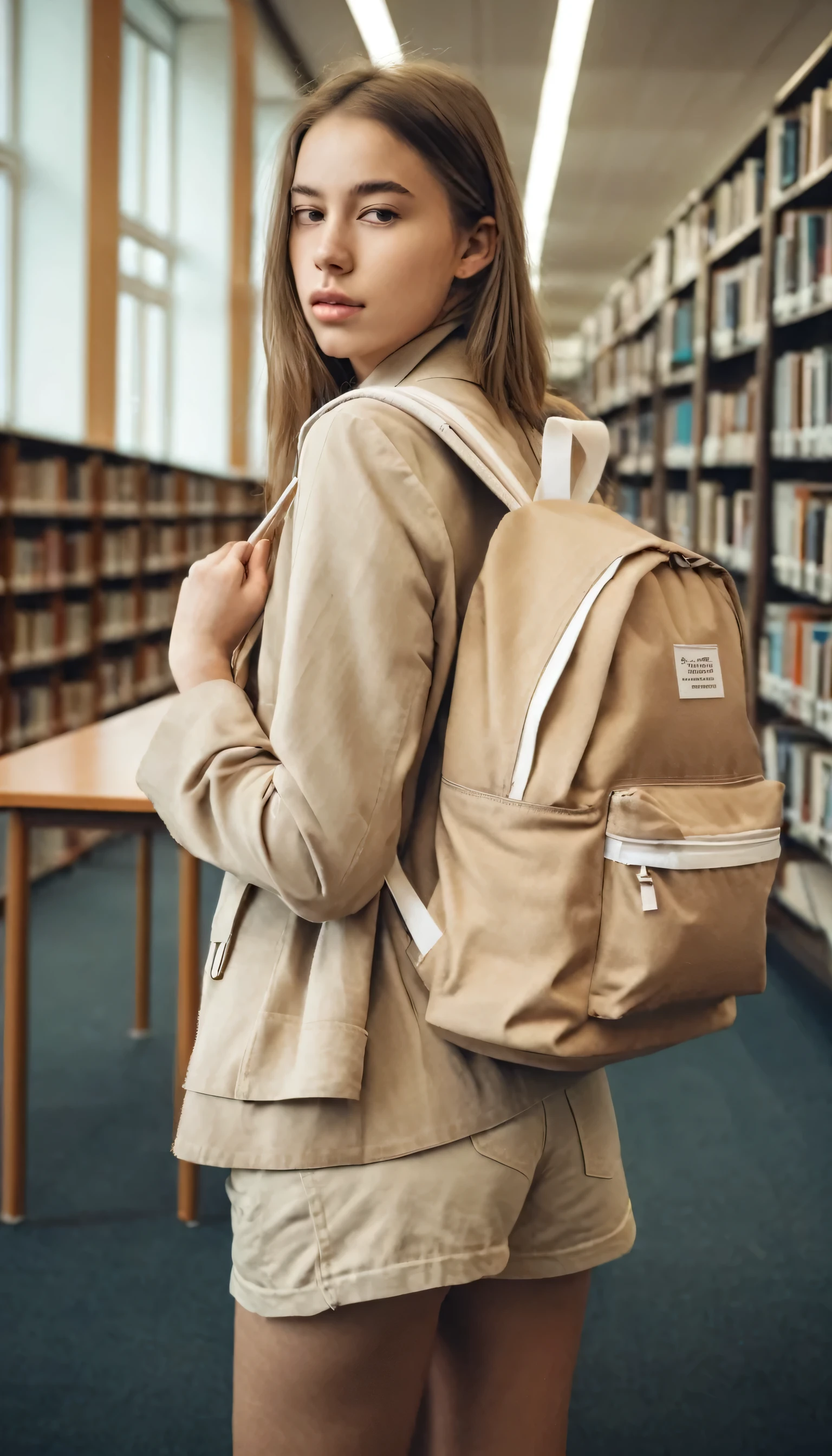 the young woman is in In a library. She is wearing beige clothes and carrying a white backpack.
many details, extreme detailed, full of details,
Wide range of colors.
Many details everywhere.  soft shadows. Low saturation colors. Insane quality. Insane resolution. Insane details. Masterpiece. 32k resolution.
Dramatic,Dynamic,Cinematic,Sharp details
 