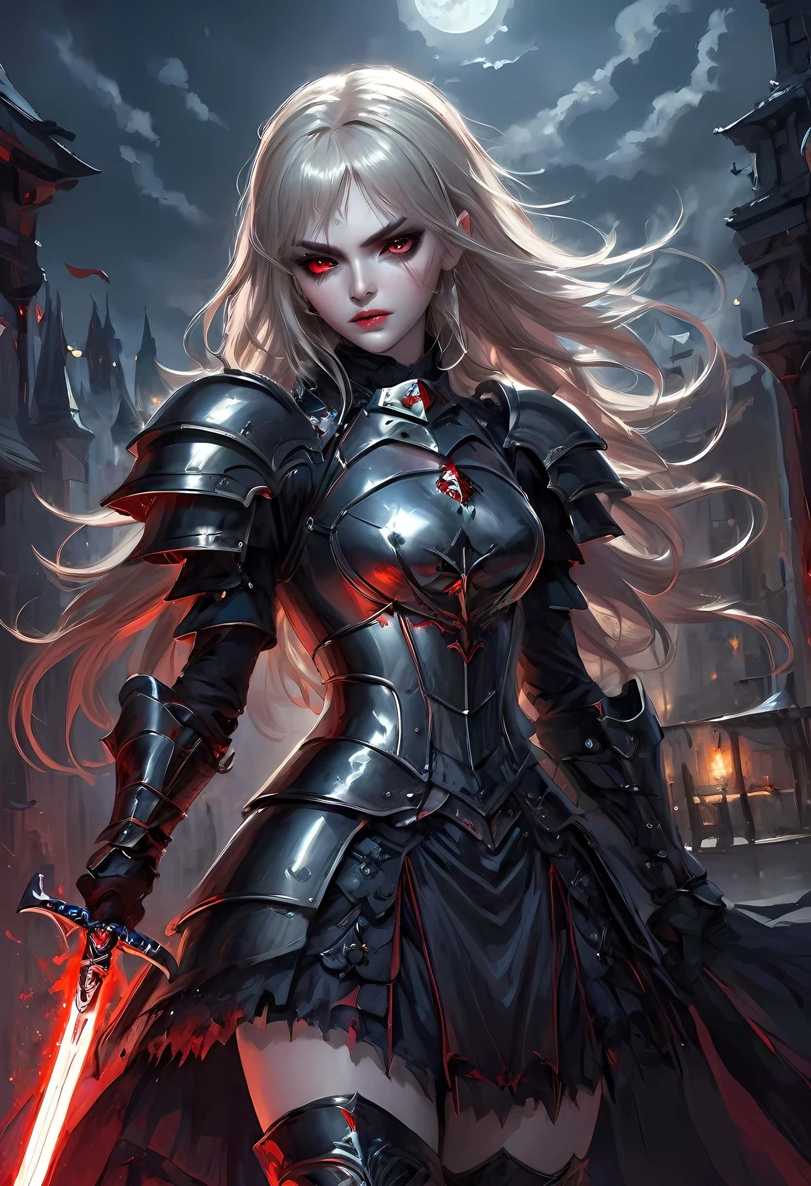 Arafed, dark fantasy art, gothic art, a picturק of a vampire ready for battle, female vampire, armed with a sword, wearing heavy armor , armed with a sword, shining sword, ultra detailed face (intricate detailed, Masterpiece, best quality: 1.4), pale skin, glowing eyes, red eyes, ultra feminine, pale skin, dynamic hair, dark fantasy urban street (intricate detailed, Masterpiece, best quality: 1.4), moon light, star light, clouds, armored_dress