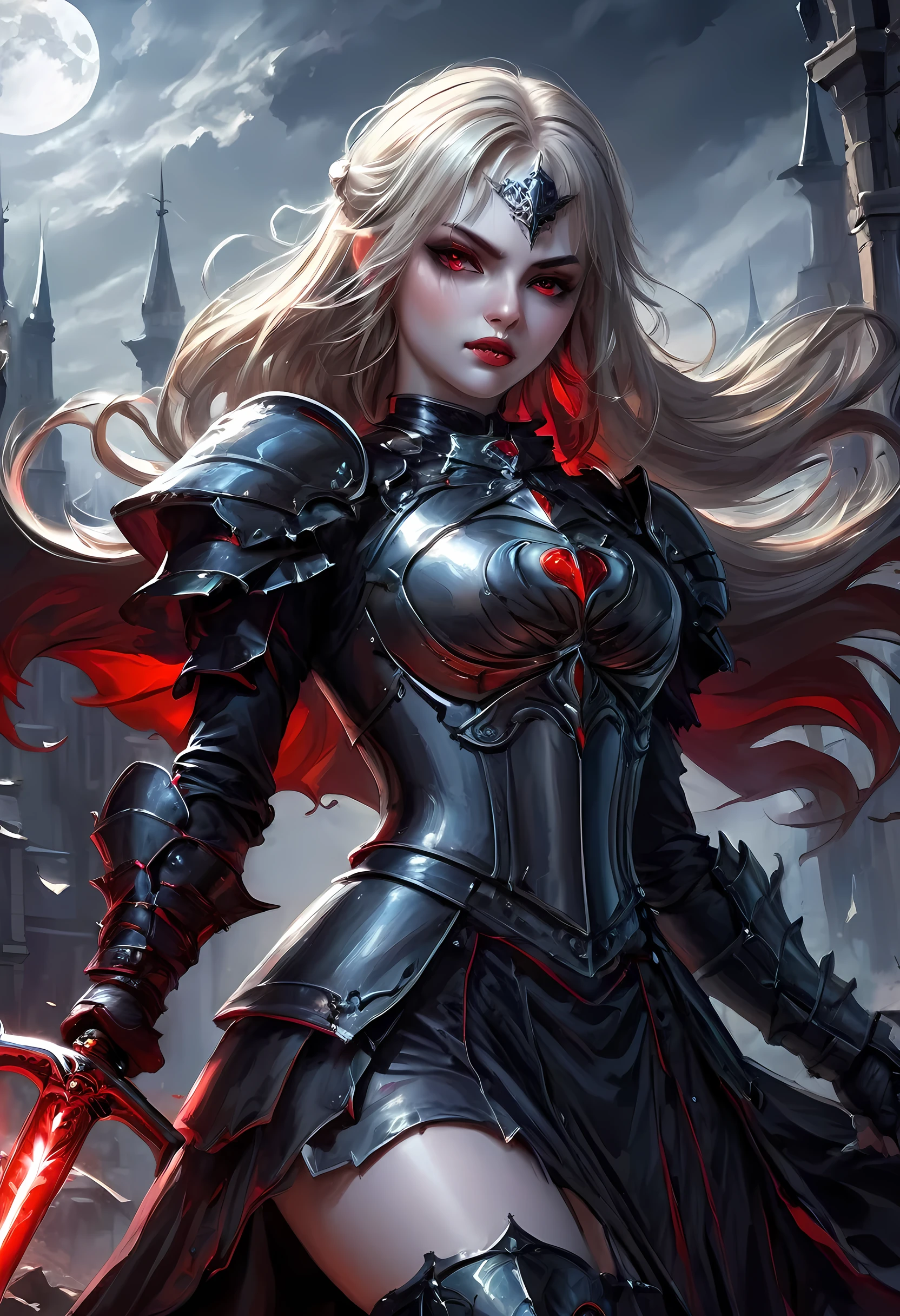 Arafed, dark fantasy art, gothic art, a picturק of a vampire ready for battle, female vampire, armed with a sword, wearing heavy armor , armed with a sword, shining sword, ultra detailed face (intricate detailed, Masterpiece, best quality: 1.4), pale skin, glowing eyes, red eyes, ultra feminine, pale skin, dynamic hair, dark fantasy urban street (intricate detailed, Masterpiece, best quality: 1.4), moon light, star light, clouds, armored_dress