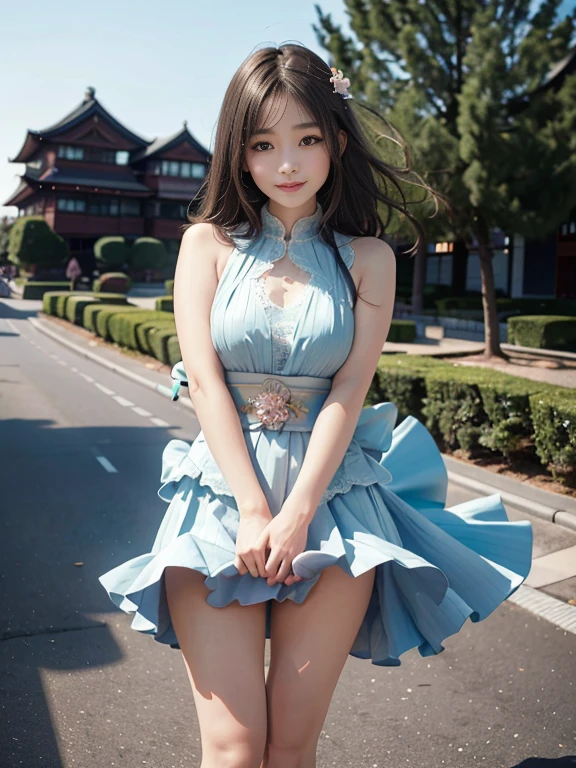 (Best quality, 8k, 32k, Masterpiece, UHD:1.2),Photo of Pretty Japanese woman,(sad smile,blush:1.1),looking at viewer,(beautiful detailed dress skirt:1.2),detailed legs,(spread legs:0.9),(lace panties:0.9),(wind lift:1.6), full body,windy,city,outdoors