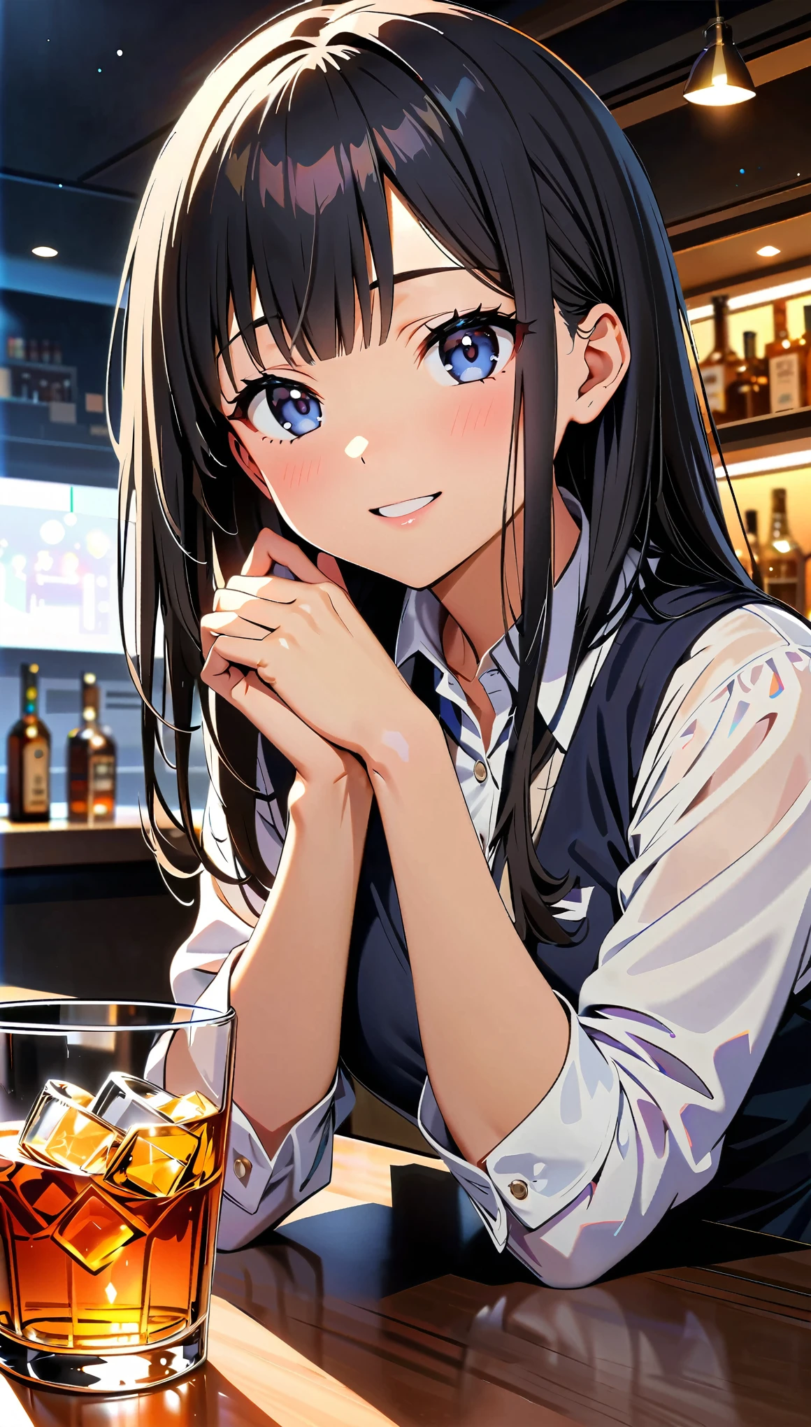 (highest quality, 4k, High resolution, masterpiece:1.2), Very detailed, (anime, animeスタイル:1.37), Cinematic Light, Bright colors and fascinating effects, Soft and delicate lighting, Lens flare, The whole scene has a beautiful and gentle atmosphere., 1 female, business suit, (Black Hair, Long Straight Hair, Dark blue eyes), Happy expression, (Very detailedな顔, Very soft lips detail, Fine grain, double eyelid, Drinking whiskey:1.5, bar counter, Dark color palette, Glowing Skin, Anatomically correct, Background bokeh,