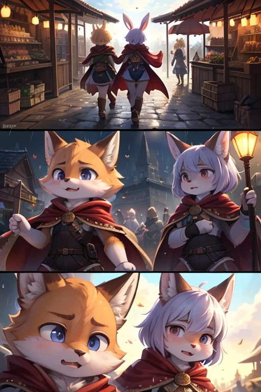 The various events that occur during the journey form the story of the film. As the film is traveling , High-definition , Ultra-high definition characters , Two Cuts , one cuts , various view , happening scene , dynamic move , 1 hairy Short stature fox girl with Townspeople , (realistic hairy bunny fur) , round face , (tilt face:1.2) , (half-open eyes) , Swollen cheeks , glossy lips , (Looking away , Look around:1.2) ,  (wearing fantastic wear and Cape) , travel bag , Walking around the fantasy world , dynamic angle , action move , Joy, anger, sorrow, and happiness , sunny , rainy , night and day , Spring, Summer, Autumn, Winter , Introduction, development, twist and conclusion , Buy it at the market