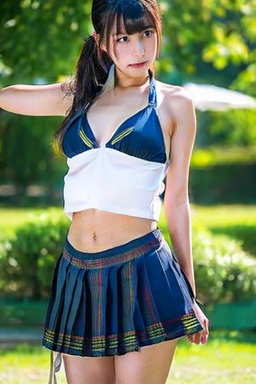 A young Japanese female student in a bikini is dancing in a park, drenched in sweat.