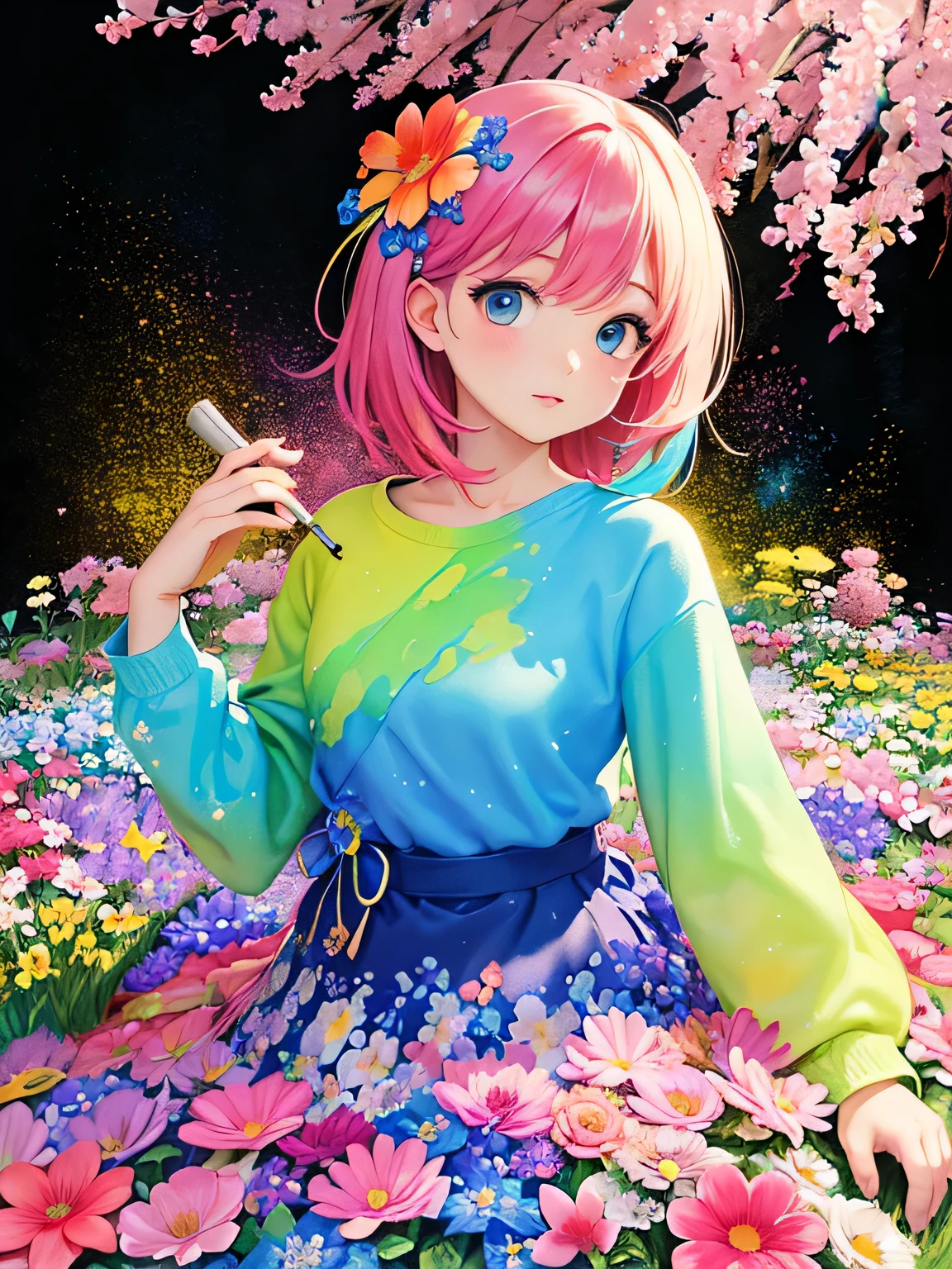 Micho style、(((Landmine fashion))), 8K Quality、Intense watercolor, Detailed watercolor art, Watercolor splash, Surreal, avant-garde pop art, Beautiful and expressive paintings, Beautiful artwork illustration, Very colorful tones, wonderful, Cool beauty, highest quality、Official Art, Vector art, Stylish design, (((The most beautiful girl))), (((highest quality))), HDR, ((detailed)), (((Doodle Art)), ((masterpiece)), ((Super detailed)), (((Colorful flowers))),(((Stylish))),