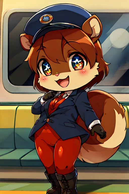 boy, squirrel, furry, bodyfur, blazer, bottomless, color tights, gloves, boots, chibi, happy, sparkling eyes, train, train driver