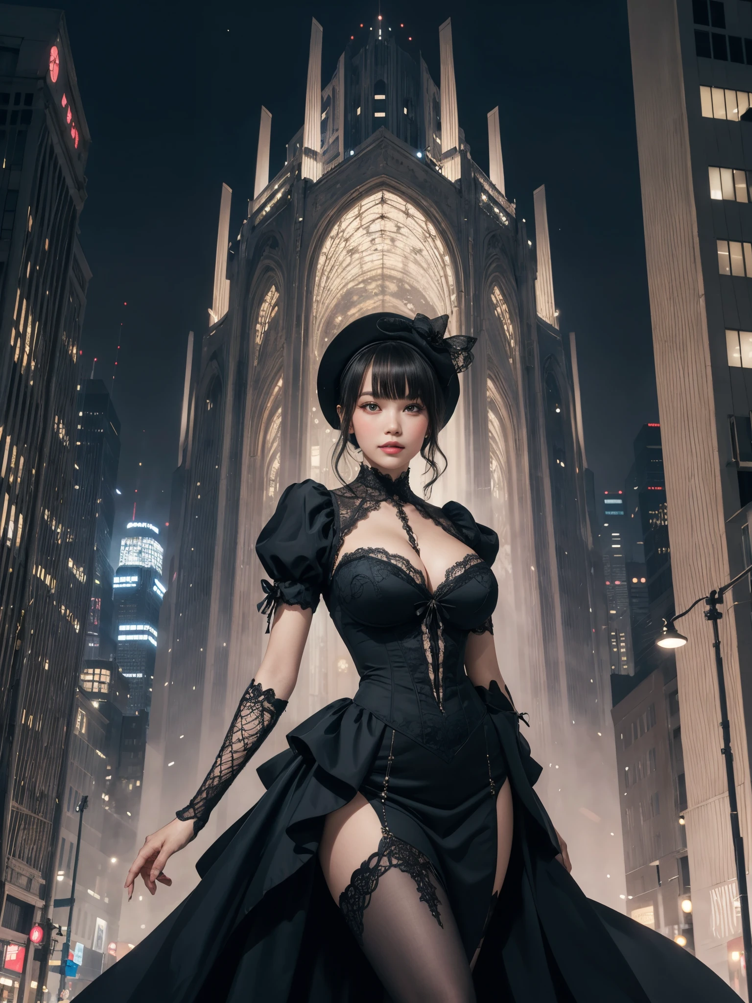 girl wearing victorian gown, BREAK, 1girl, gown, dress, absurdly intricate details ornate pattern, detailed face, lace bowknot bonnet hat, (deep long cleavage:1.2), (looking at viewer:1.2), elegant pose, city lights on the background, (futuristic fantasy city:1.2), immense building, night, gigantic breasts, 