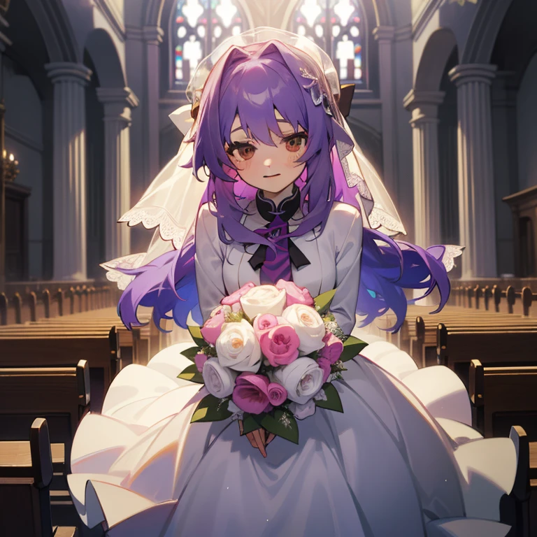 (Masterpiece), Best Quality, expressive eyes, a perfect face, 1girl, solo, purple hair, Brown eyes, in the church, wedding, wedding dress, veil, blusher, Smile, Bouquet in hand, look at the viewer, Shinoa hiiragi, Shinoa attracts