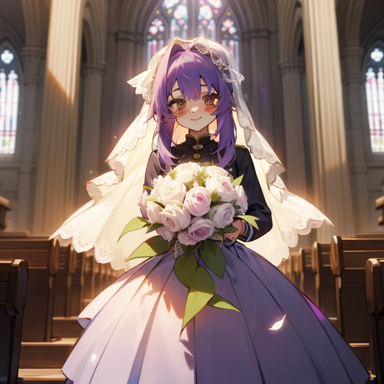 (Masterpiece), Best Quality, expressive eyes, a perfect face, 1girl, solo, purple hair, Brown eyes, in the church, wedding, wedding dress, veil, blusher, Smile, Bouquet in hand, look at the viewer, Shinoa hiiragi, Shinoa attracts