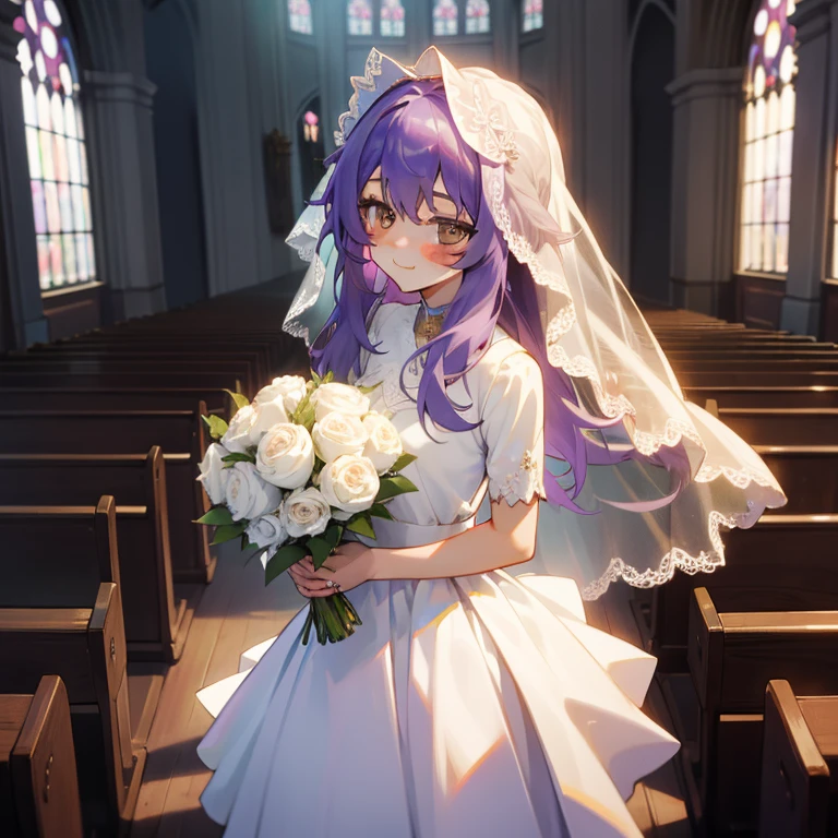 (Masterpiece), Best Quality, expressive eyes, a perfect face, 1girl, solo, purple hair, Brown eyes, in the church, wedding, wedding dress, veil, blusher, Smile, Bouquet in hand, look at the viewer, Shinoa hiiragi, Shinoa attracts