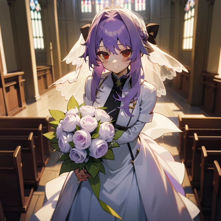 (Masterpiece), Best Quality, expressive eyes, a perfect face, 1girl, solo, purple hair, Brown eyes, in the church, wedding, wedding dress, veil, blusher, Smile, Bouquet in hand, look at the viewer, Shinoa hiiragi, Shinoa attracts