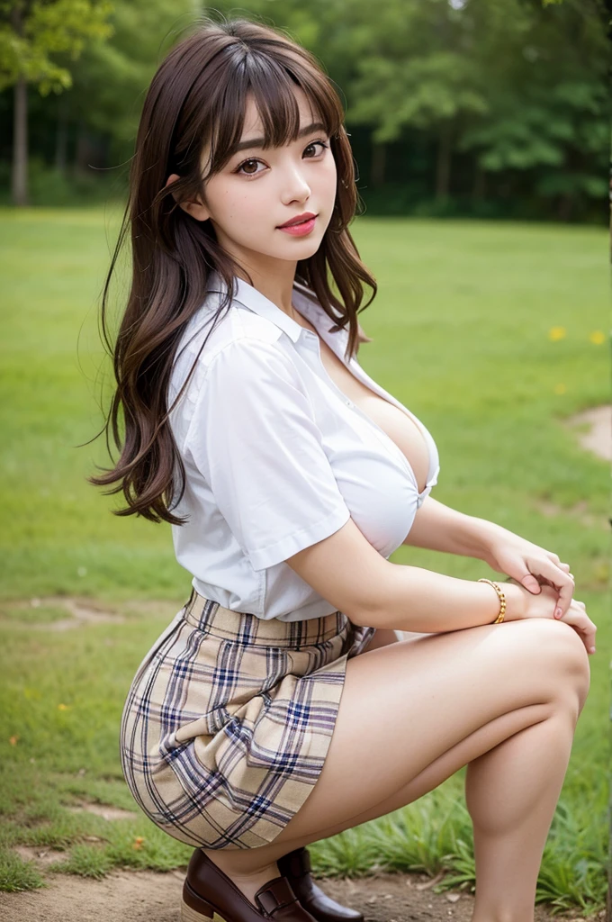nsfw, 8K raw photo, Best quality, masterpiece, ultra high res, film grain, filmg, 1girl, looking at viewer, natural skin texture, realistic eye and face details, full lips, lipstick, (makeup), red eyeshadow, fluffy short hair, messy hair, smile, close mouth, beautiful legs, tall female, skinny, slim_legs, solo, enormous , cleava with buttocks facinltra short skirt, ass, shirt, beautiful ure location, around flower location, (detailed background), plaid skirt, white shirt, enormous breast, cleavage, Show a  cleavagh the shirt, loafers, blkground, blurry, holding, plaid, short sleeves, jk ribbon on the neck, jk ribbon, brown hair, bracelet, water, bangs, , jewelry, parted lips, lips, from side, pleated skirt, depth of field
