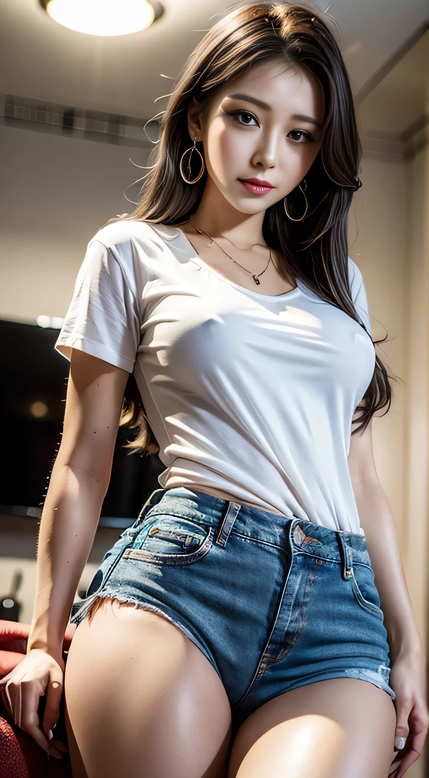 masterpiece, 8k, Award-winning photo, photoRealistic, Realistic, Very detailed, Ultra-high resolution, Ray Trakun, ///one person, The most beautiful, 20-year-old , (sexy, Japanese Idols), （Black Hair:1.2),///Human details Shiny skin , Detailed skin , Beautifully detailed face , Beautiful details , beautiful 歯, /// break (double eyelid, Droopy eyes), Natural Lip, (Brightly colored large breasts:1.2), Sunburn, ///Pose setting full body, Are standing, (From below:1.2), Remember, ///Living Room Background, Blurred Background, Very detailed background, /// White T-shirt,Short cut denim,Earrings,necklace,sexy
///Finished ultra-Realistic textures, RAW Photos,Shine,Happy expression
