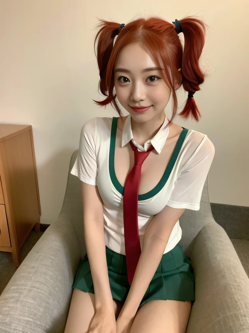 (highest quality、Red Hair、8k、32k、masterpiece、Hmph:1.2)、sexy、17 years old、Cute Japanese Women Photos、Twin tails、thin、slender、(Bobcut)、(Small Tits)、double eyelid、 Red open front shirt、Green tie、You can see her underwear faintly、Red mini skirt、Thighs、Light blue wall、whole body、smile、sexy、Sitting in a chair、Thighs are visible