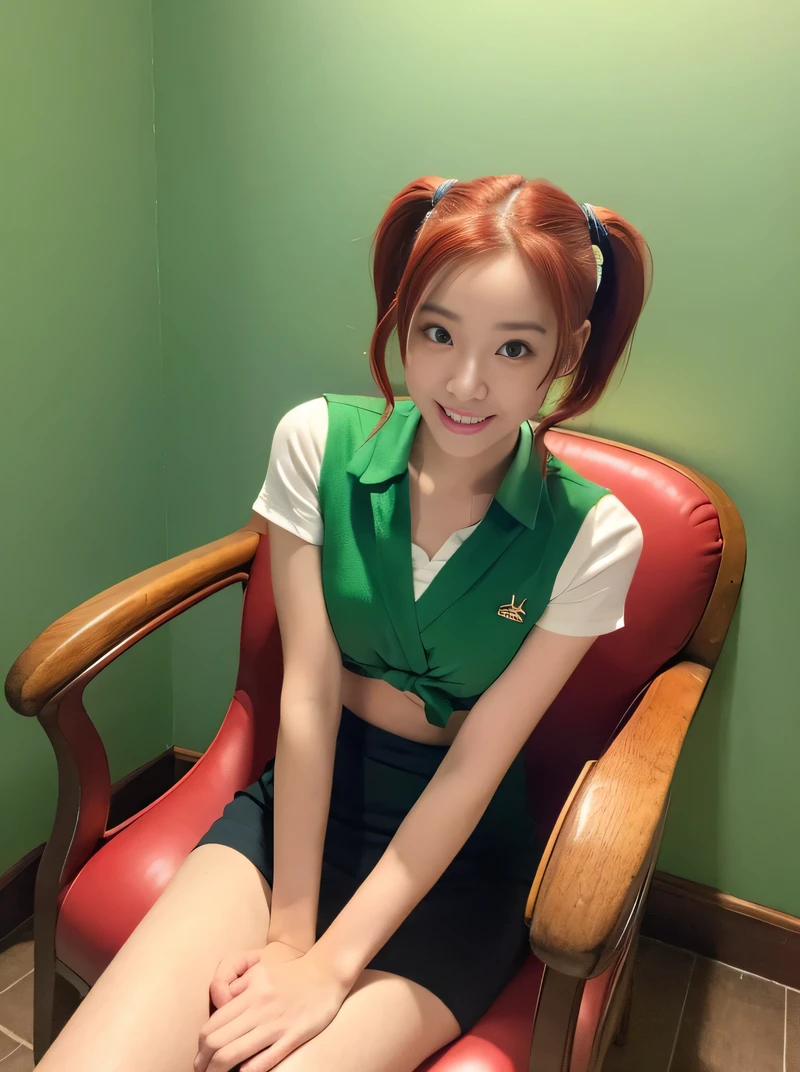 (highest quality、Red Hair、8k、32k、masterpiece、Hmph:1.2)、sexy、17 years old、Cute Japanese Women Photos、Twin tails、thin、slender、(Bobcut)、(Small Tits)、double eyelid、 Red open front shirt、Green tie、You can see her underwear faintly、Red mini skirt、Thighs、Light blue wall、whole body、smile、sexy、Sitting in a chair、Thighs are visible