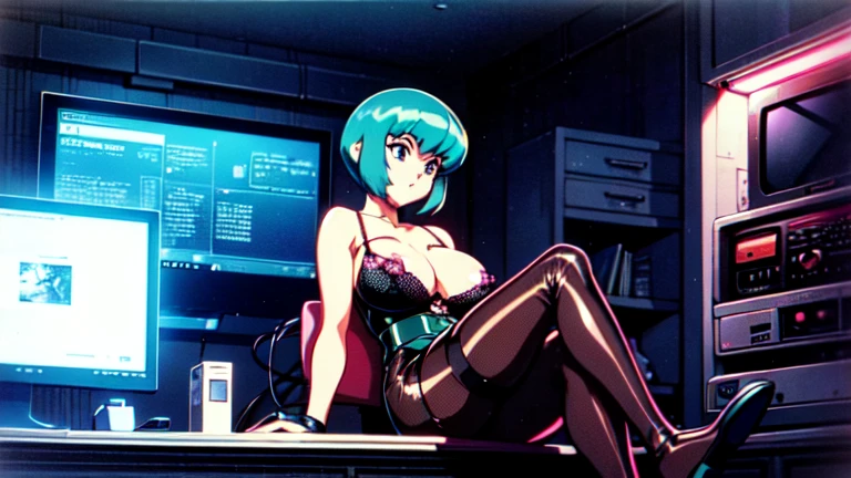 (perfect composition), (high resolution, masterpiece, ultra best quality, insanely amazing hyper fine extremely detailed, official:1.4)( full body, 80's horny milf hacker anime girl in lingerie sitting at a desk with a vintage computer, seductive hacker anime girl in lingerie, retro cyberpunk anime, 80's cyberpunk anime girl in lingerie, digital cyberpunk anime!!, best anime 4k konachan wallpaper, (anime girl with green teal short hair), 90's anime style in 4 k, mega man legend art ,black latex lingerie, black lace lingerie, 80's, multiple old computer , serial experiments lain room,  high degree electronic laboratory, lots of old computer hardware, surrounded by old computer screen, a lots of cable wires, octane rendering, colorful contrast, unadorned, dark computer room, night, betterHands 