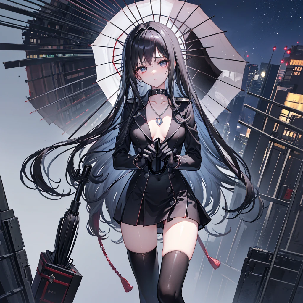 ((high resolution Black Hair Long Hair uniform Use an umbrella Lonely despair)) ((chest necklace Tears gloves)) (New York at Night star moon) Catch the wind Light
