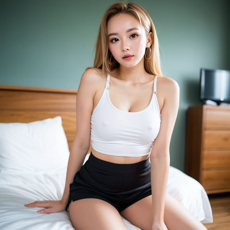 (Genuine, High resolution:1.3), Girl with perfect body,Beautiful detailed girl, Very detailed目と顔, Beautiful and detailed, Ridiculous, unbelievable Ridiculous,Very detailedな, High resolution, Very detailed, highest quality, masterpiece,Cleavage, Very detailed, headquarters, Unity, 8k wallpaper, growing up, In detail, Masseter region,, highest quality, HVery detailed headquarters uniforms、Light on the face、18-year-old girl、((from the front))),((whole body)),Long neck、Listen carefully、Big eyes、eyelash、very cute,((room)),((Small breasts)),((Beautiful legs)),((Beautiful thighs)),((Bob)),((Exposing the forehead)),((Baby Face)),((White tank top and shorts)),((Expose your forehead)),((Blonde))