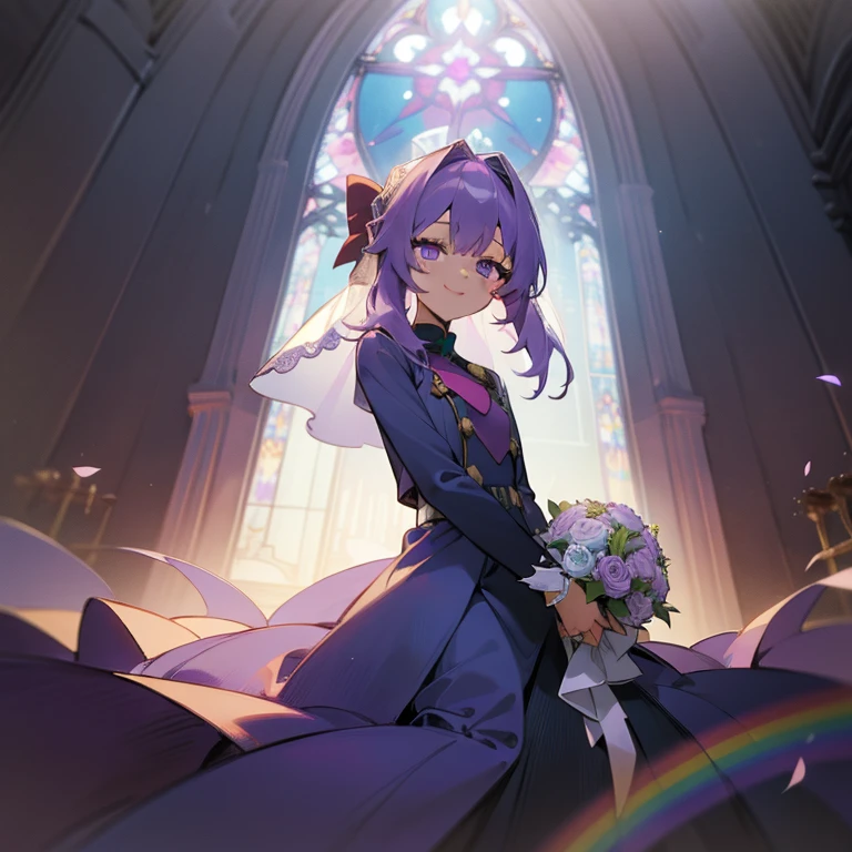 (Masterpiece), Best Quality, expressive eyes, a perfect face, 1girl, solo, purple hair, rainbow eyes, in the church, wedding, wedding  magical donut dress, veil, blusher, Smile, Bouquet in hand, look at the viewer, Shinoa hiiragi, Shinoa attracts