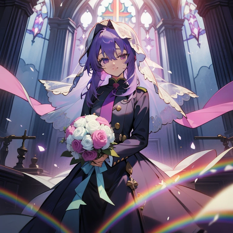 (Masterpiece), Best Quality, expressive eyes, a perfect face, 1girl, solo, purple hair, rainbow eyes, in the church, wedding, wedding  magical donut dress, veil, blusher, Smile, Bouquet in hand, look at the viewer, Shinoa hiiragi, Shinoa attracts